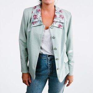 Vintage Mint Green Button Down Jacket with Floral Collar - 14